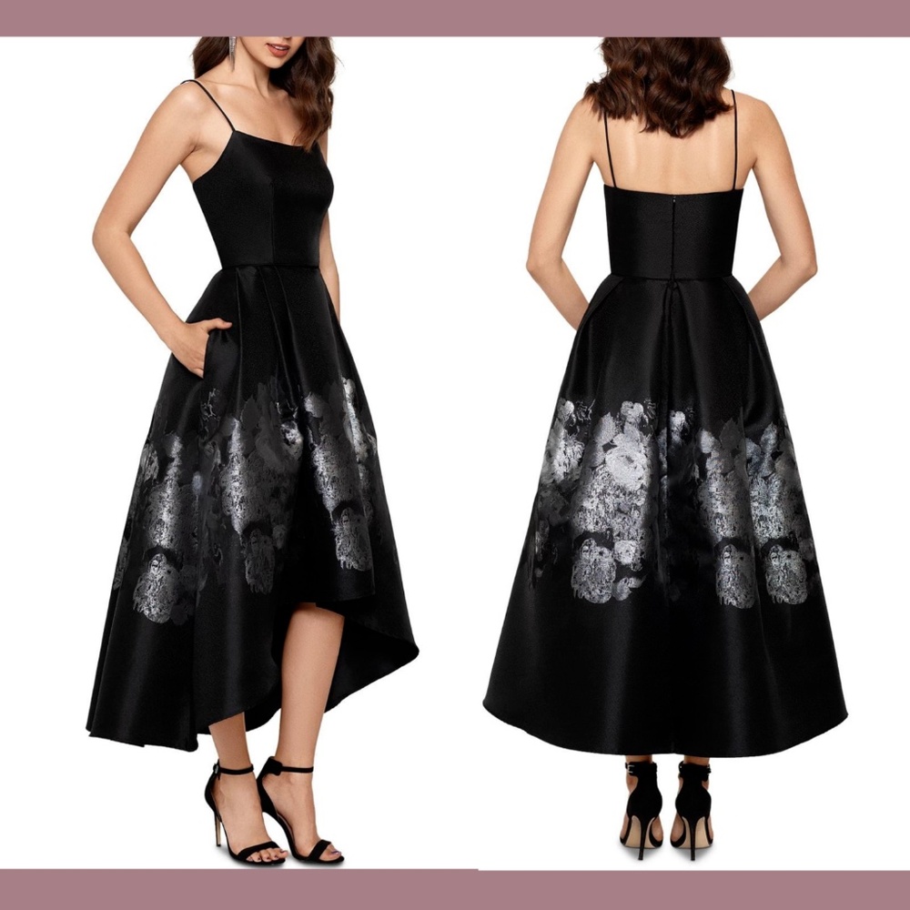 NWT‎ $259 XSCAPE [Size 8 ] Brocade High Low Ball Gown in Black/Silver